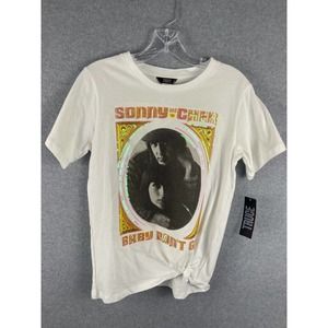 Truce Sonny & Cher T Shirt Womens L White Side Tie Baby Dont Go Music Band NWT-